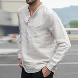 Men's Casual Cotton Linen Solid Color Henley Collar Long Sleeve Shirt 40885989M