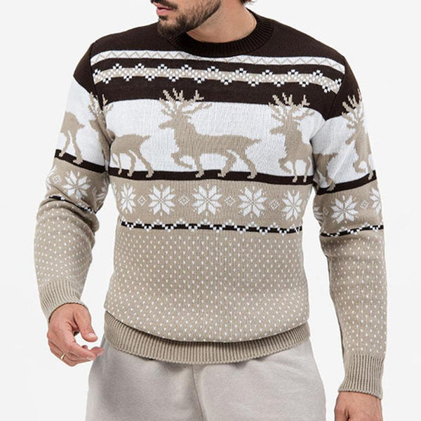 Men's Casual Crew Neck Christmas Reindeer Snowflake Knitted Pullover Sweater 77218122M