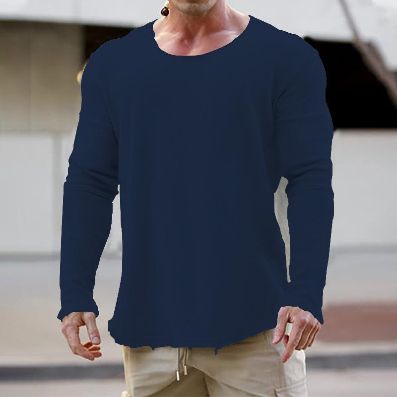 Men's Casual Retro Solid Color Round Neck Long Sleeve T-shirt 04451010TO