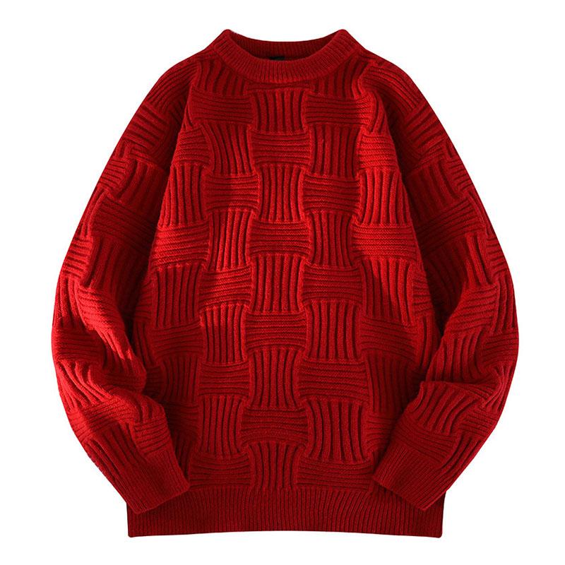 Men's Casual Solid Color Round Neck Wavy Texture Pullover Knitted Sweater 41127445M