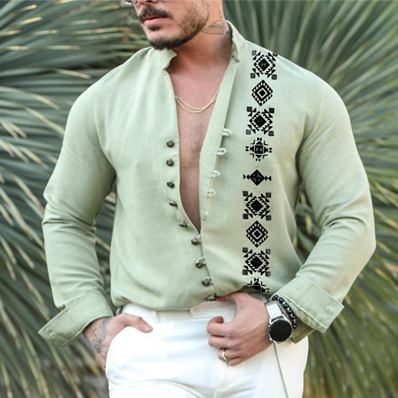 Men's Casual Printed Stand Collar Single Breasted Long Sleeve Shirt 20160195Y