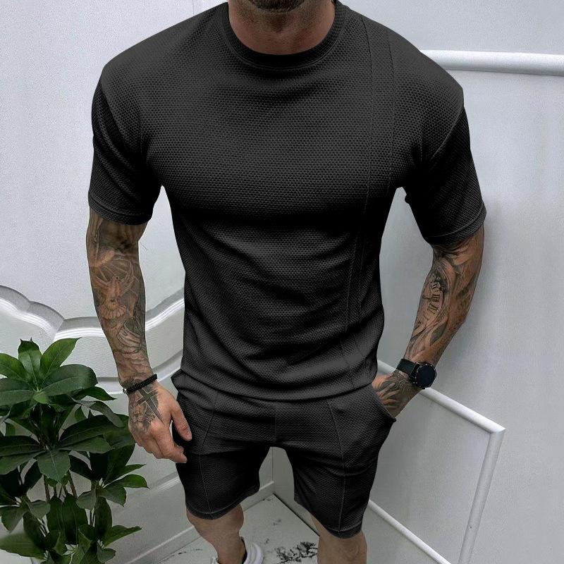 Men's Casual Solid Color Waffle Short-Sleeved T-Shirt Shorts Set 49546706Y