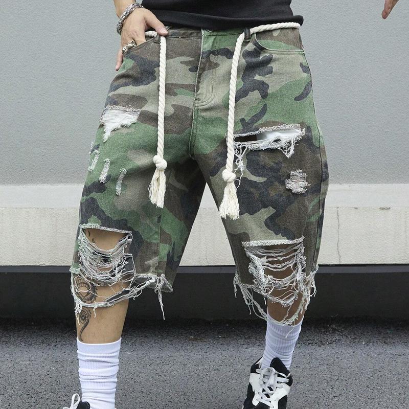 【24-Stunden-Versand】Herren Camouflage Washed Ripped Cropped Hose 68286396Y