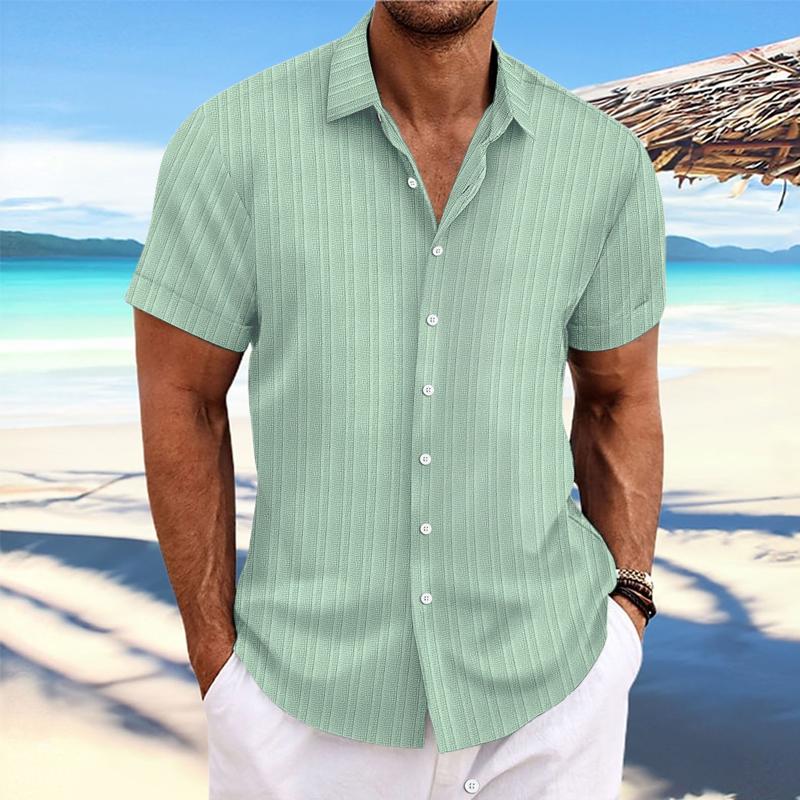 Men's Cotton Linen Stripe Print Loose Short Sleeve Lapel Shirt 89995369X