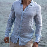 Men's Casual Solid Color Lapel Cotton Linen Long Sleeve Shirt 47372567Y