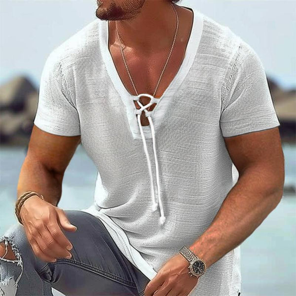 Men's Casual Cotton Linen Drawstring Short Sleeve T-Shirt 93243192TO