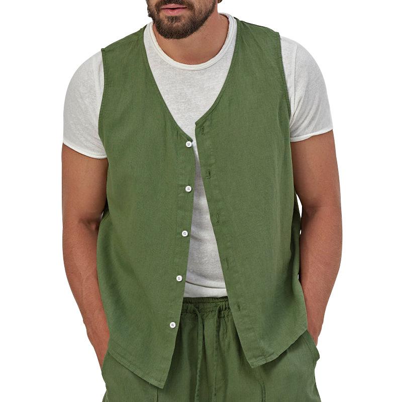 Men's Single Breasted Casual Solid Color Linen V-Neck Vest 69545873X