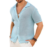 Men's Hollow Out Knitted Lapel Short Sleeve Casual Shirt 24412721Z