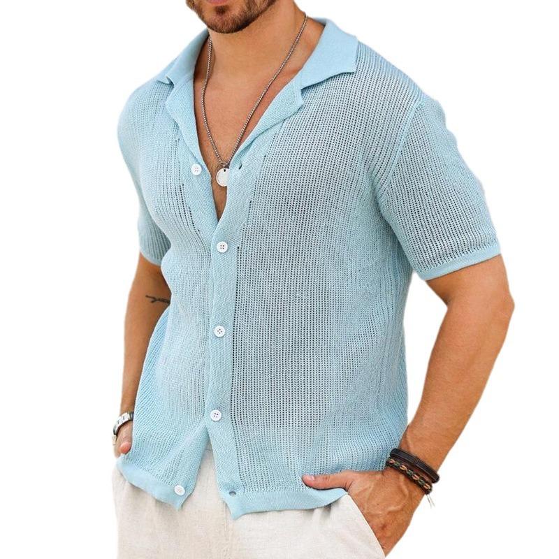 Men's Hollow Out Knitted Lapel Short Sleeve Casual Shirt 24412721Z