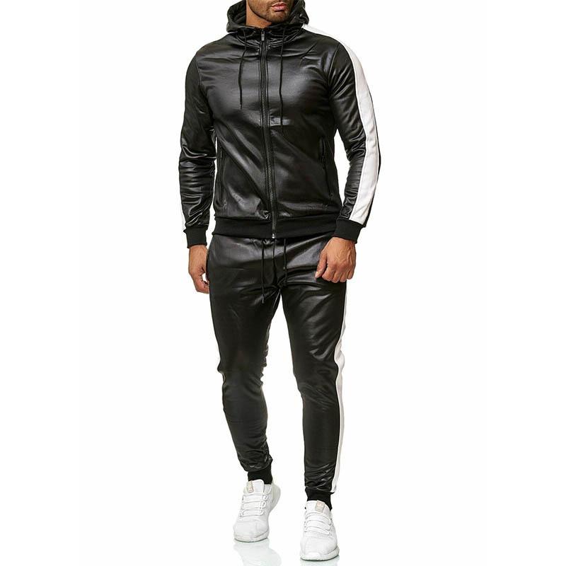 Men's Casual Slim Fit Stitching PU Leather Hoodie Fit Sweatpants Set  10873338K