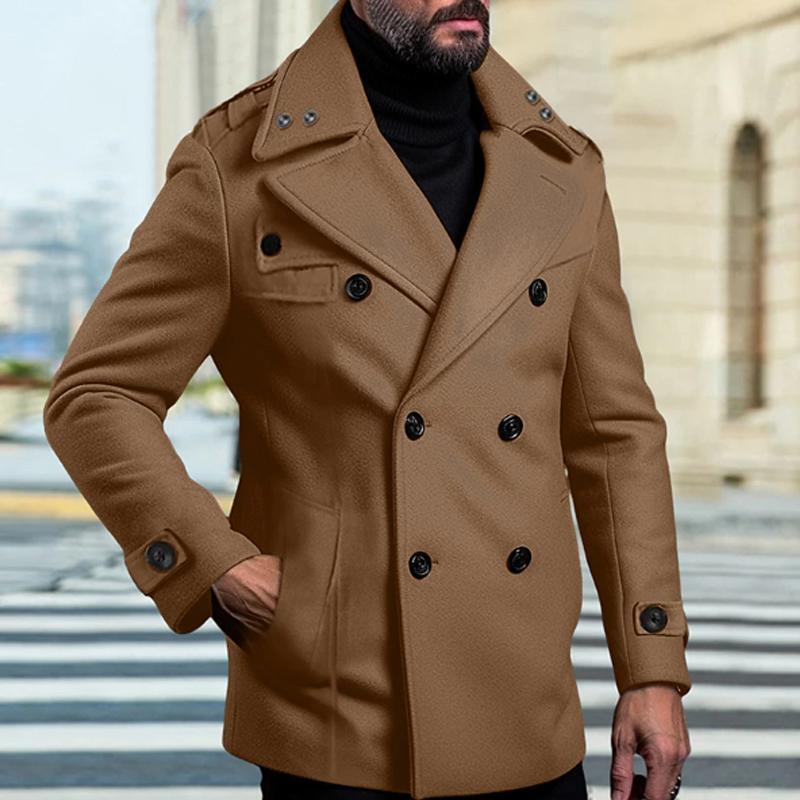 Men'S Casual Solid Color Woolen Double-Breasted Lapel Coat 69729645Y