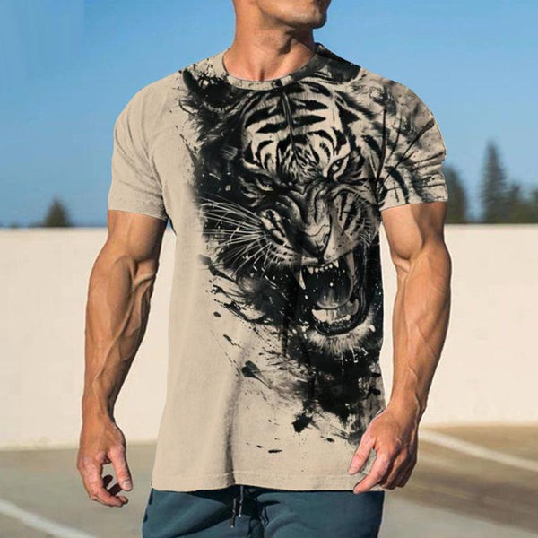 Men's Casual Retro Ink Tiger Round Neck T-shirt 72723425TO