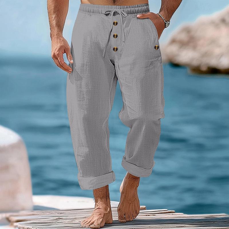 Pantalon de plage uni en coton et lin avec cordon de serrage pour homme 80434182Y