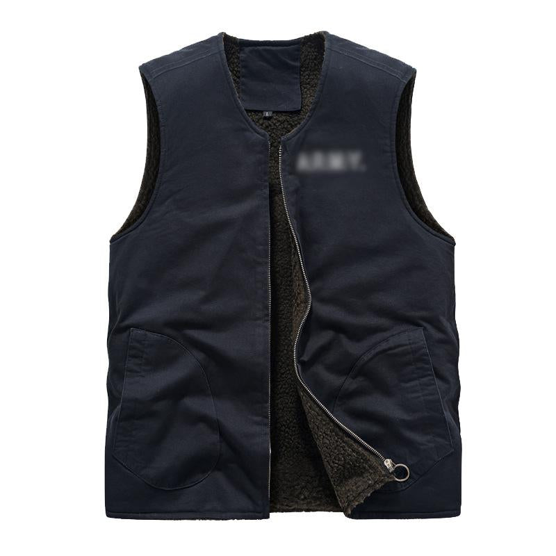 Men's Retro Plush Lined Warm Collarless Cargo Vest 26112237Y