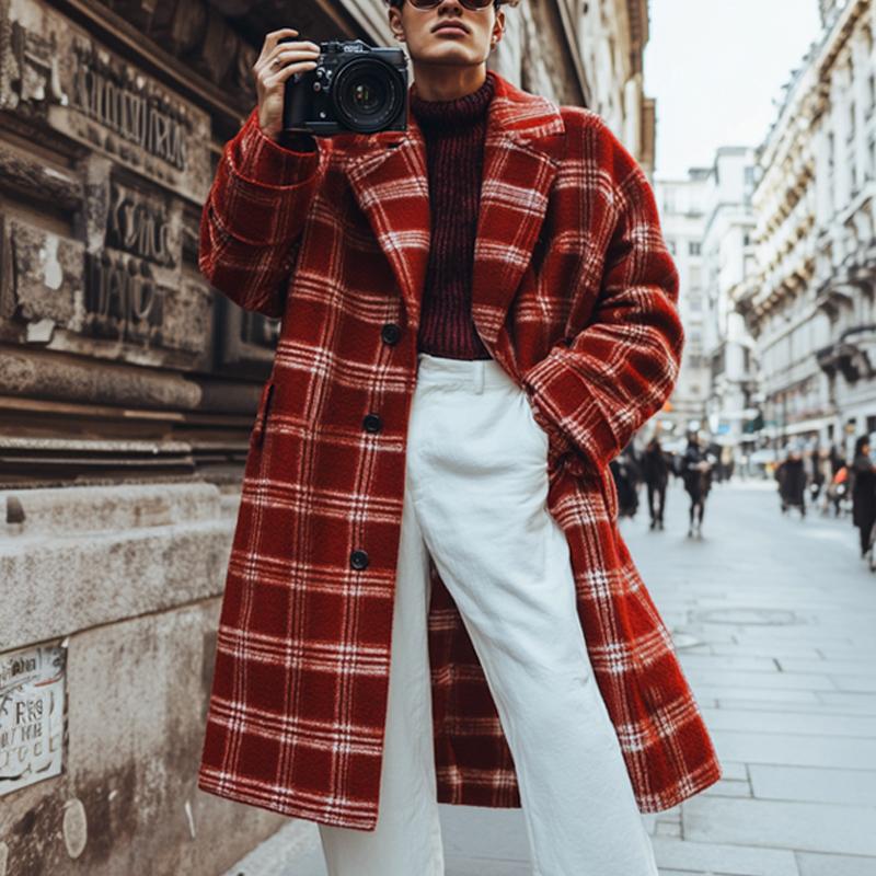 Men's Red Plaid Print Notch Lapel Coat 90007397U