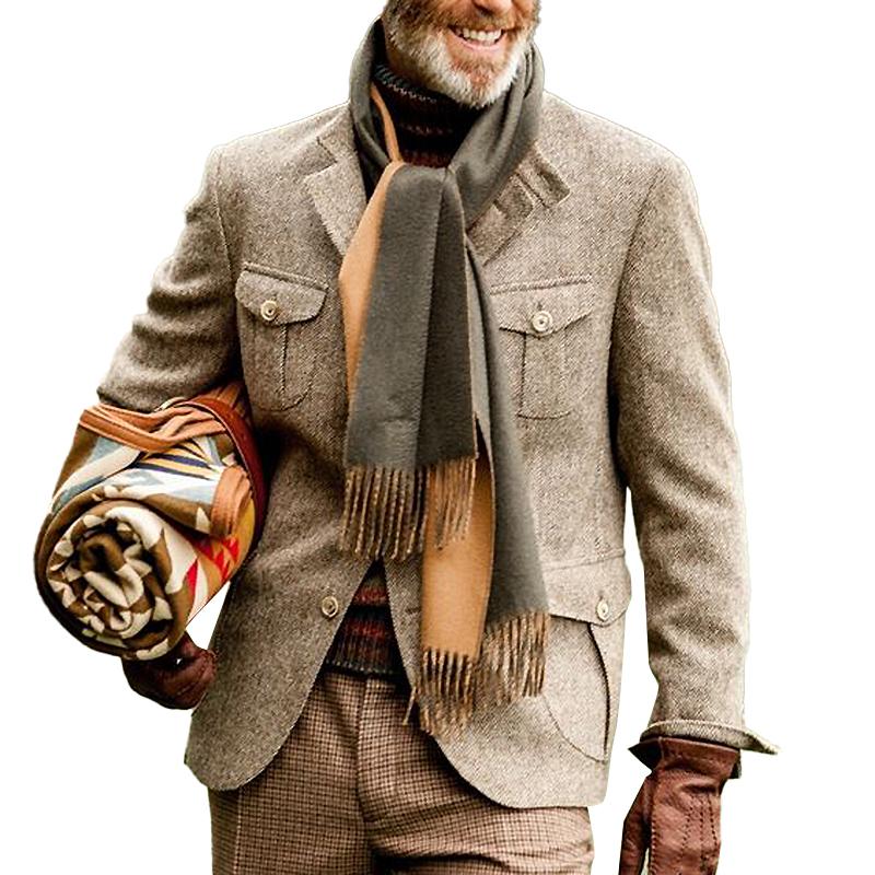 Veste safari multi-poches à col montant en tissu à chevrons vintage pour hommes 74248093Y