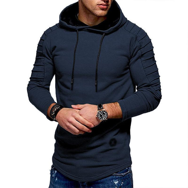 Men'S Casual Retro Solid Color Pleated Sleeve Hooded Sweatshirt 90198753Y