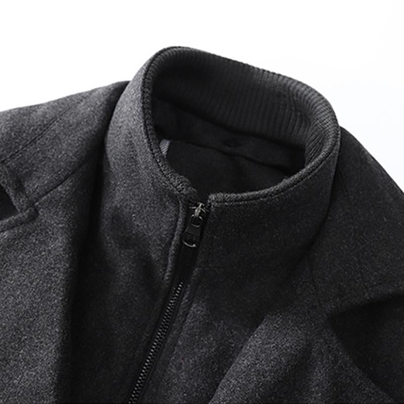 Men's Vintage Woolen Blended Double Collar Zippered Single Breasted Slim Coat 69068984M