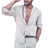Men's Resort Cotton and Linen Lapel Long-sleeved Shirt 50292751X