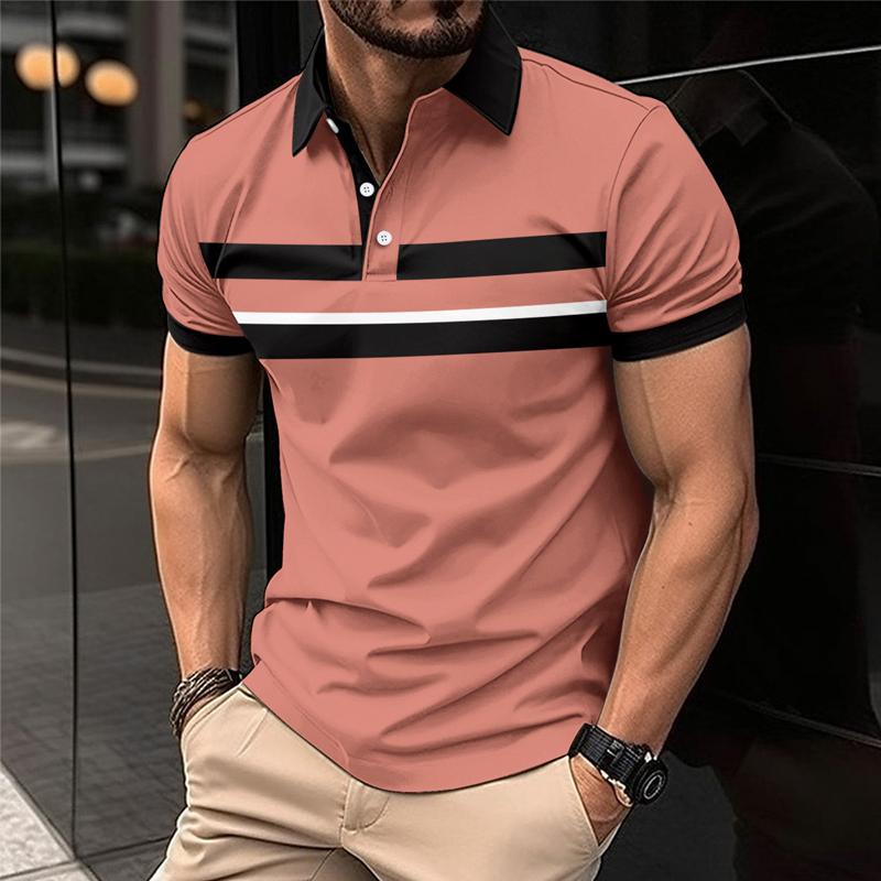 Men's Printed Striped Casual Lapel Buttoned POLO Shirt 74659434X