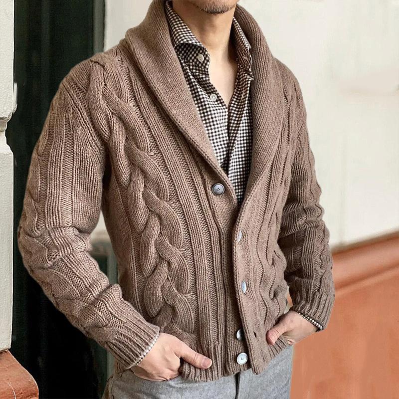 Men's Vintage Lapel Single Breasted Cable Knit Cardigan 99011169Z