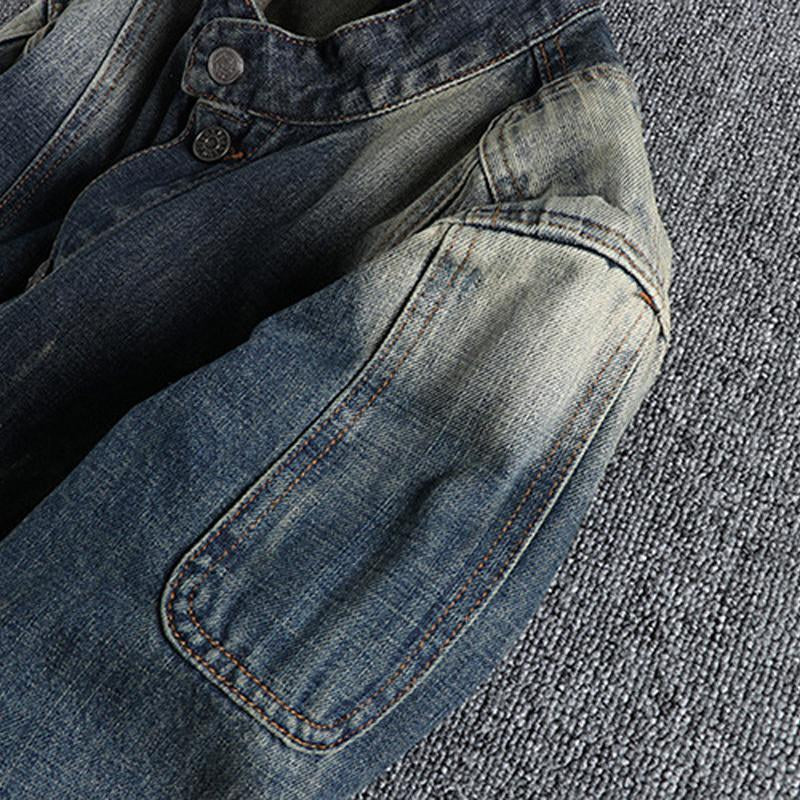 Men's Vintage Washed Distressed Stand Collar Denim Jacket 42326346Y