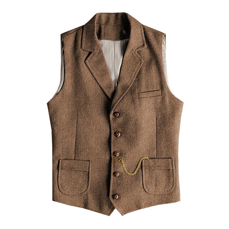 Men's Retro Herringbone Lapel Slim Fit Single Breasted Suit Vest (Chain Excluded) 36645703M