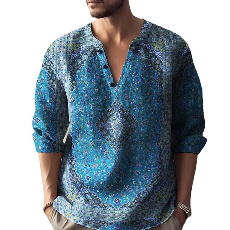 Men's Casual Vintage Print V-Neck Long Sleeve Shirt 77161163Y