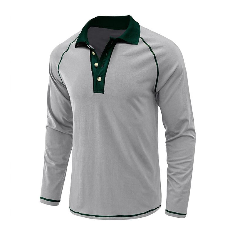 Men's Casual Color Contrasting Lapel Long Sleeve Polo Shirt 04563249M