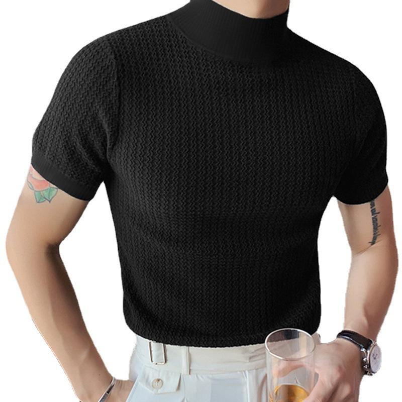 Men's Half Turtleneck Solid Color Tight Knitted Short-Sleeved T-Shirt 47280589Y