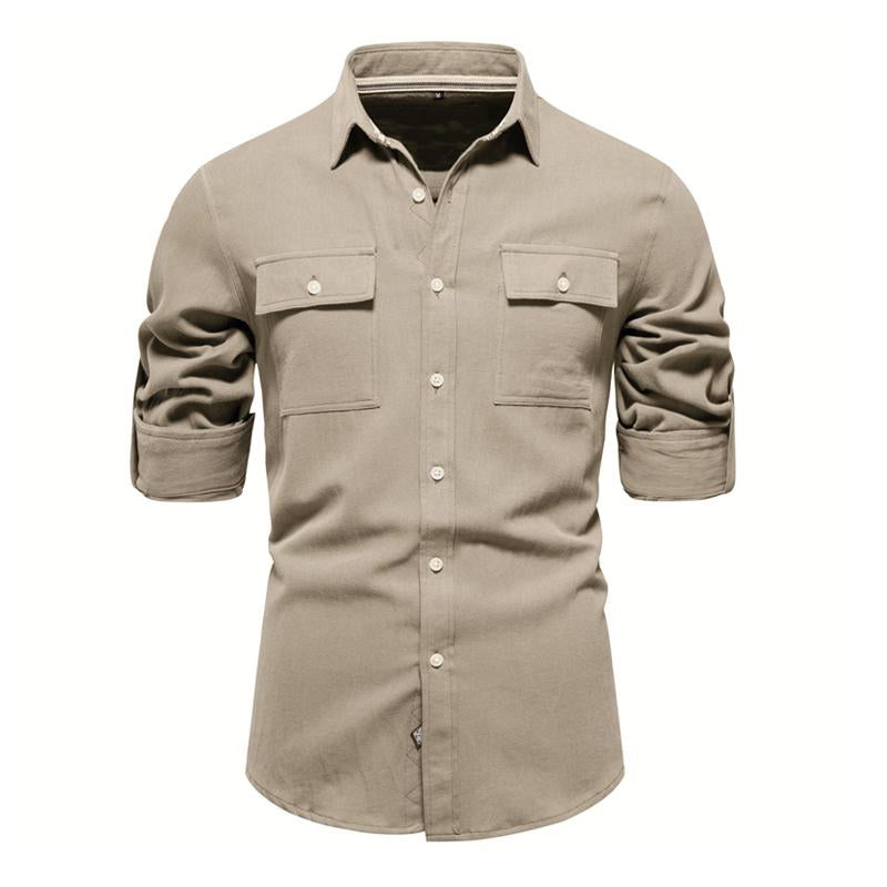 Men'S Casual Cotton Solid Color Lapel Long Sleeve Shirt 50581002Y