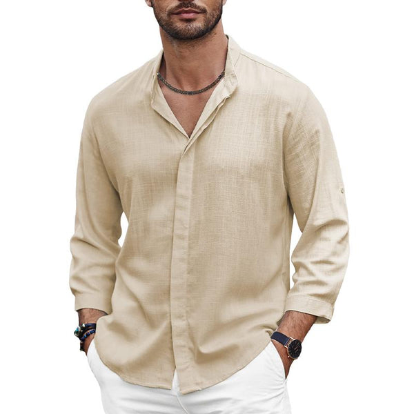 Men's Slub Cotton Lapel Solid Color Long Sleeve Shirt 17547610X