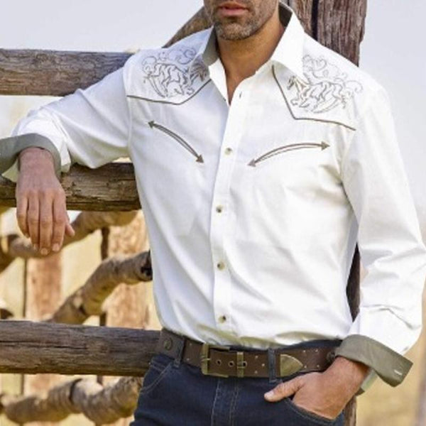 Men's Vintage Western Cowboy Lapel Long Sleeve Shirt 45997287Y
