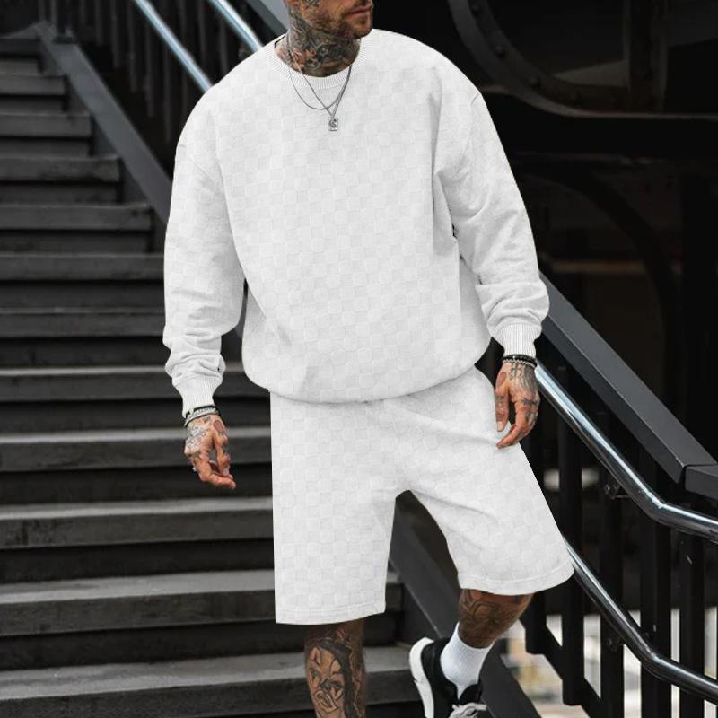 Men's Casual Checkerboard Round Neck Loose Long-sleeved Sweatshirt Sports Shorts Set 53822799M