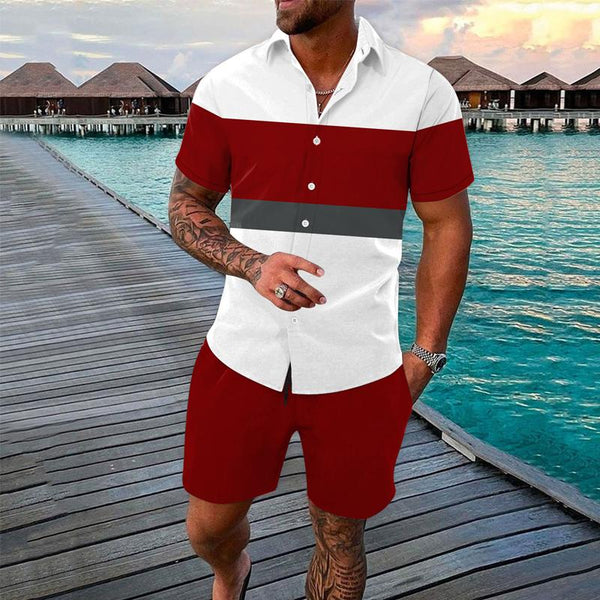 Men's Striped Lapel Short-sleeved Shirt Two-piece Set 54169003X