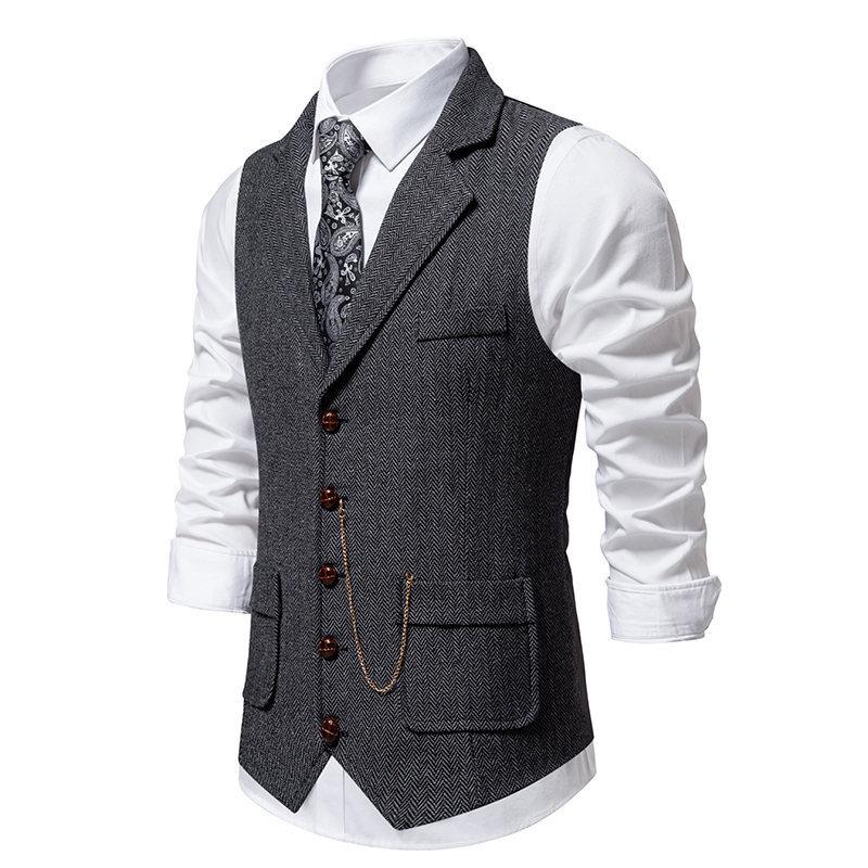 Men's Vintage Herringbone Lapel Chain Suit Vest 64542547Y