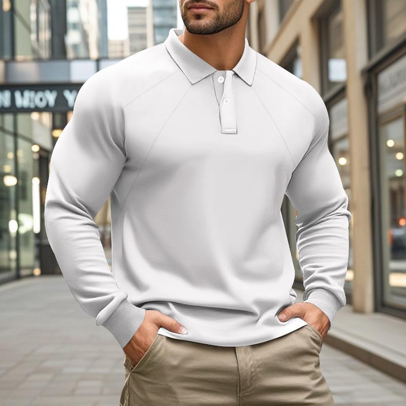 Men's Casual Solid Color Lapel Raglan Long Sleeve Polo Shirt 47889552M