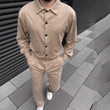 Men's Casual Solid Color Lapel Long-sleeved Shirt Slim-fit Pants Set 94043775M