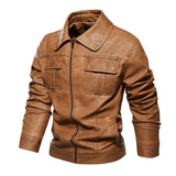 Men's Vintage Solid Color Double Breast Pockets Lapel Leather Jacket 33879944Y
