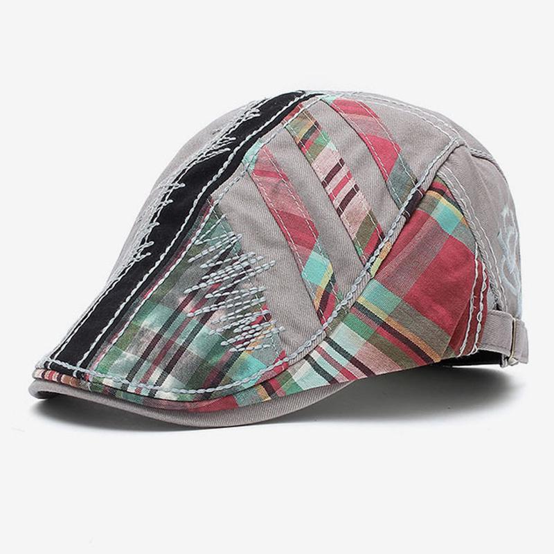 Men's Retro Stitching Plaid Beret Hat 35528198U