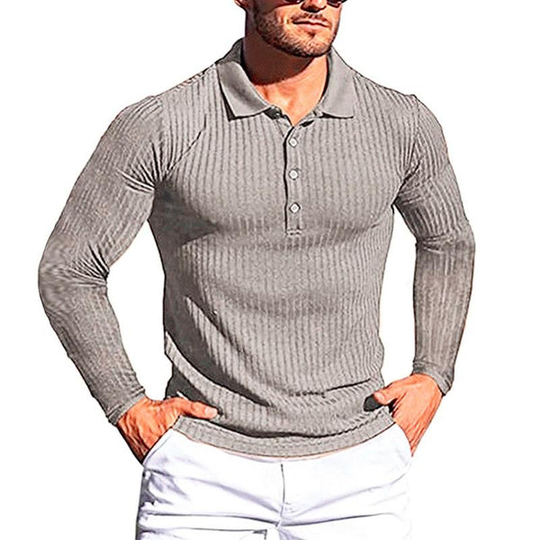 Men's High Elastic Vertical Striped Long-sleeved Slim-fit Knitted POLO Bottoming Shirt 88235560X