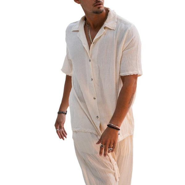 Men's Cotton and Linen Short-sleeved Trousers Two-piece Set 81223710X
