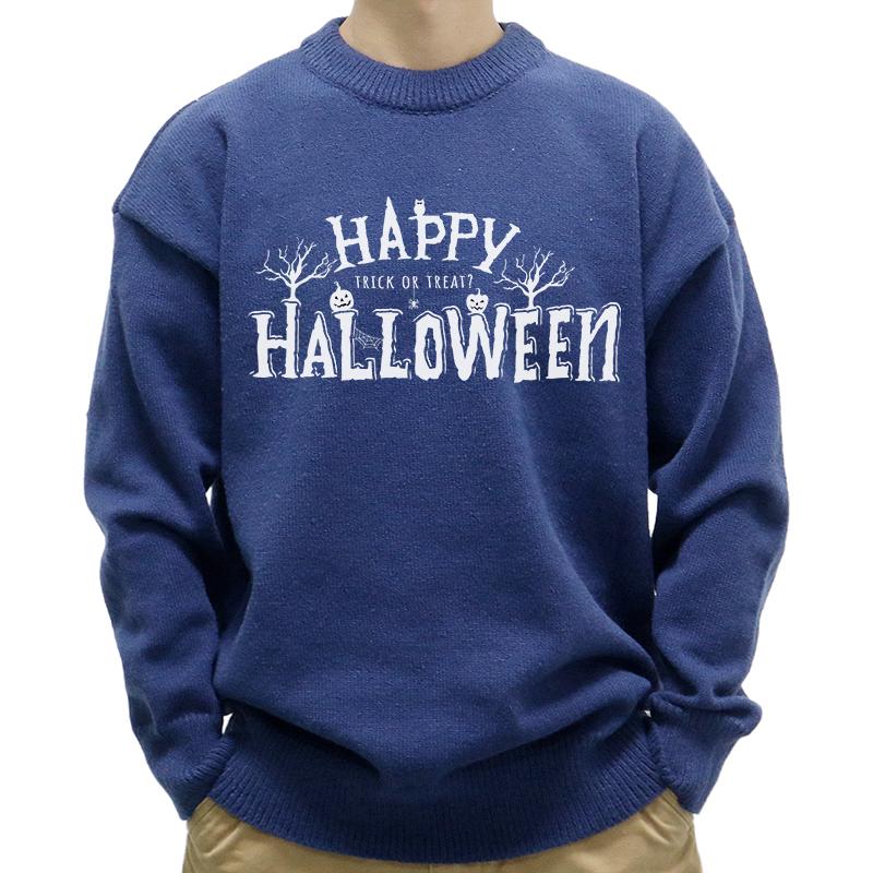 Men's Casual Round Neck Happy Halloween Print Long Sleeve Pullover Sweater 71047326M
