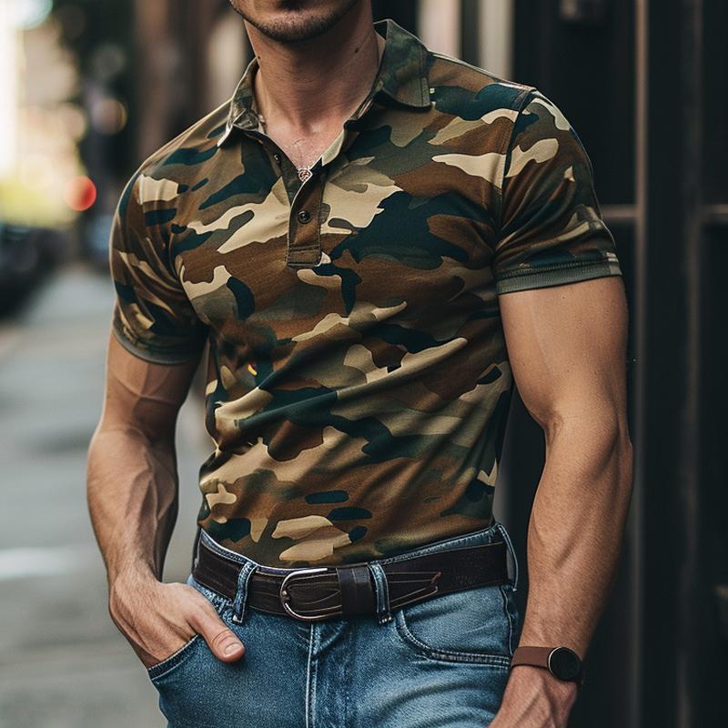 Polo décontracté à manches courtes et revers camouflage pour hommes 35336754M