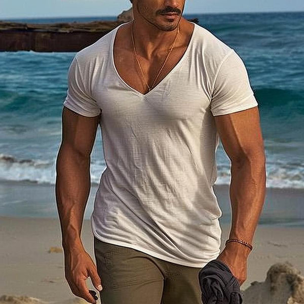 Men's Casual Solid Color Simple V-neck Short-sleeved T-shirt 78828478TO