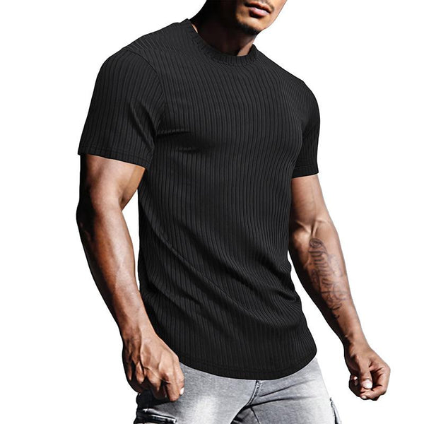 Men's Solid Striped Round Neck Short Sleeve Sports Fitness T-shirt 26384154Z