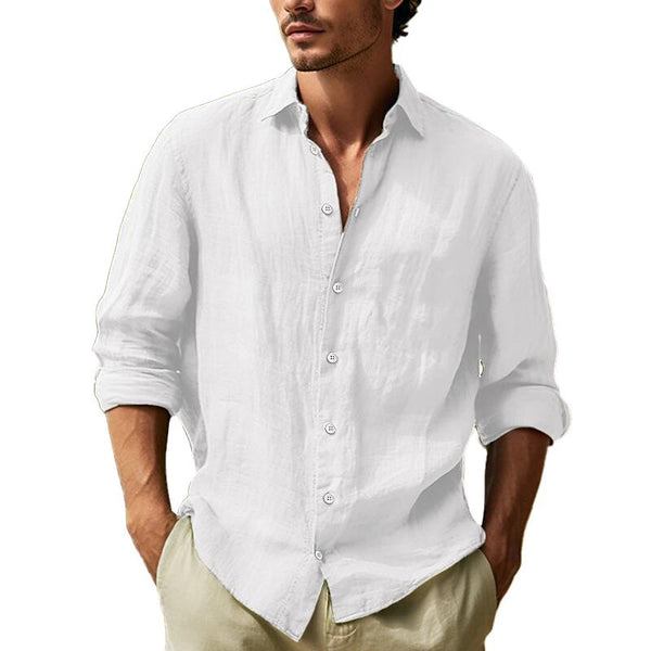 Men's Casual Solid Color Cotton Linen Lapel Long Sleeve Shirt 61941078M