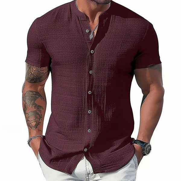 Men's Casual Cotton Linen Stand Collar Slim-Fit Short-Sleeved Shirt 62599823M