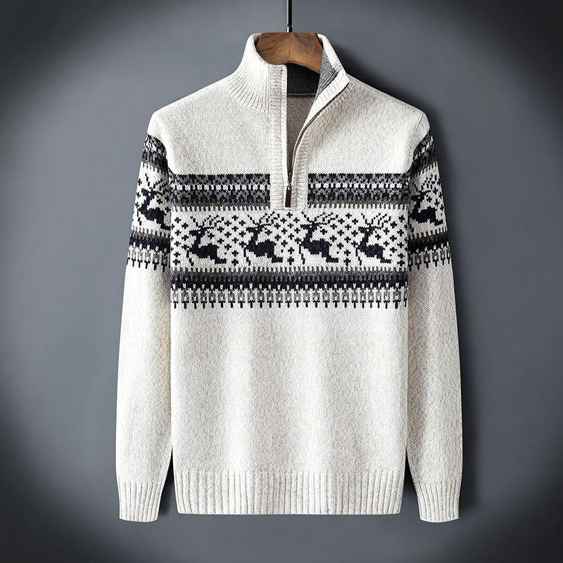 Men's Vintage Christmas Jacquard Zip Stand Collar Sweater 53613579Y