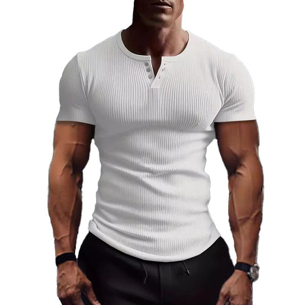 Men's Solid Color Slim Fit Stretch Henley Collar Short Sleeve T-Shirt 09980310Y